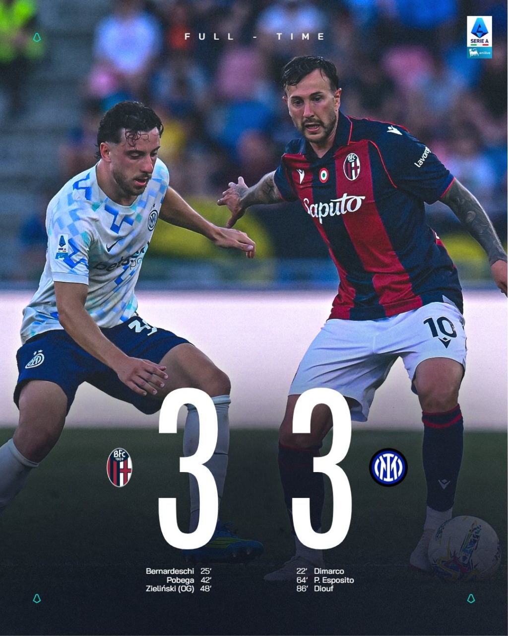 Bologna-Inter 3-3, gol, spettacolo e applausi al Dall’Ara